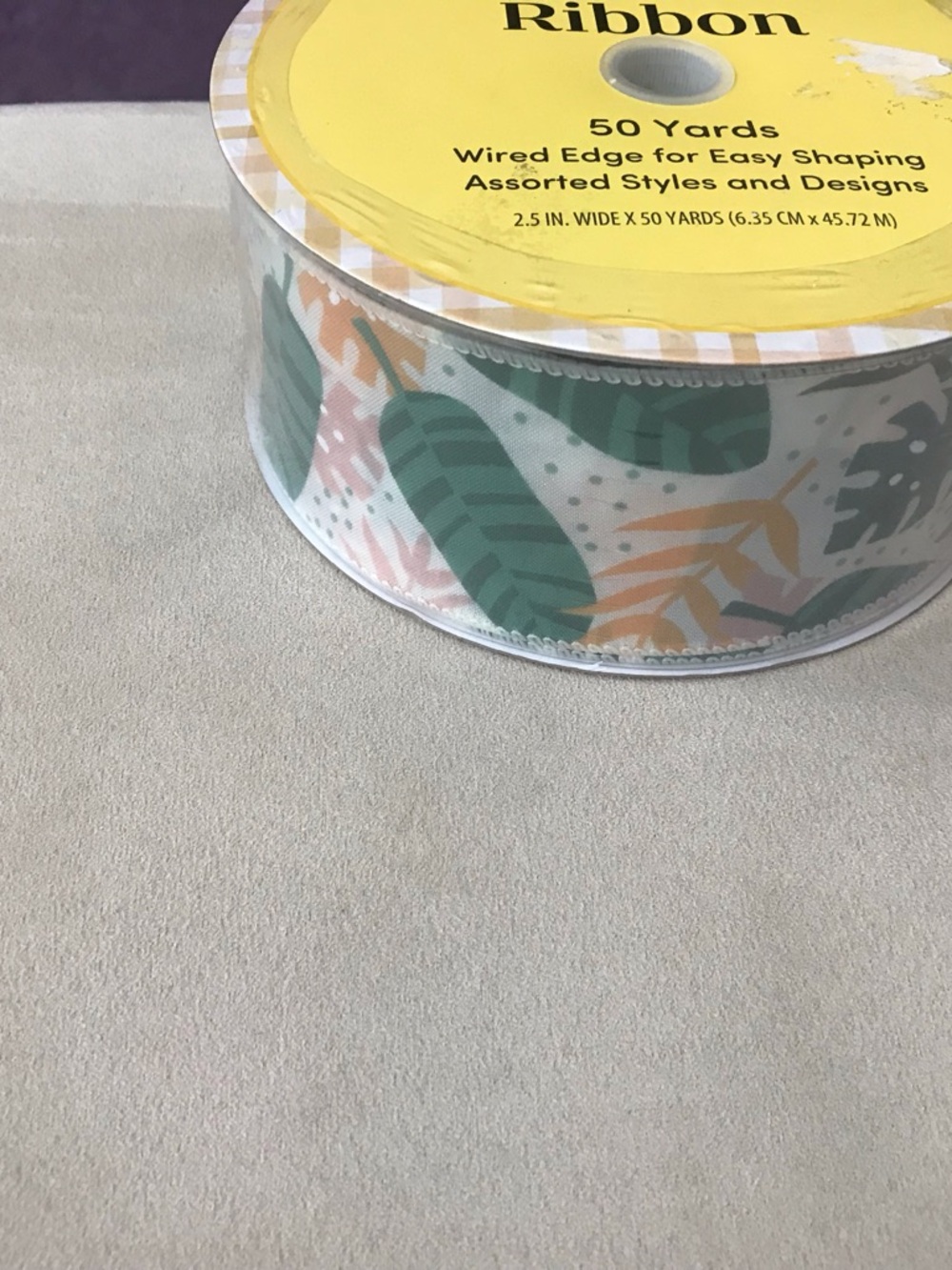 Wired-Edge Tropical Leaf Decorative Ribbon - Green & Cream